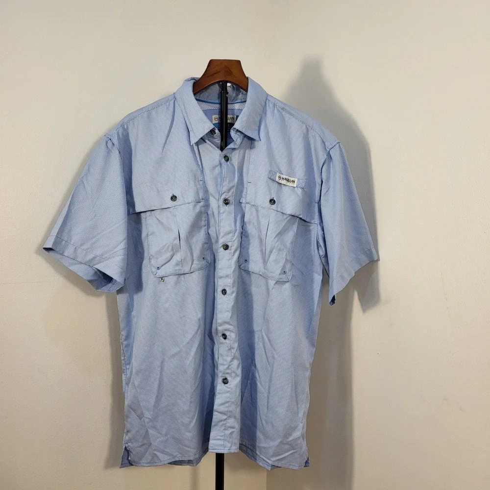 Magellan Outdoors Fish Gear Men Large Blue Micro Check Fishing Shirt Relaxed Fit